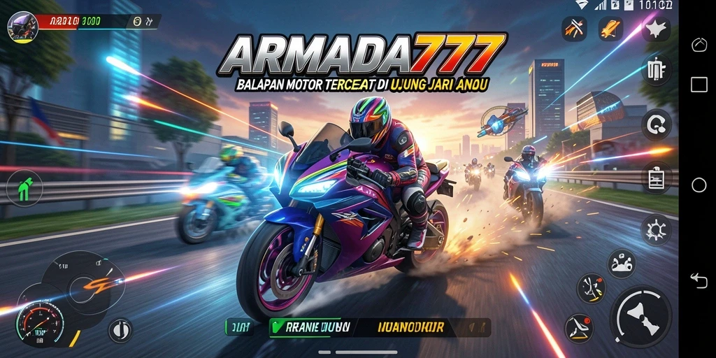 Tampilan gameplay yang menegangkan di ARMADA777 saat balapan motor.