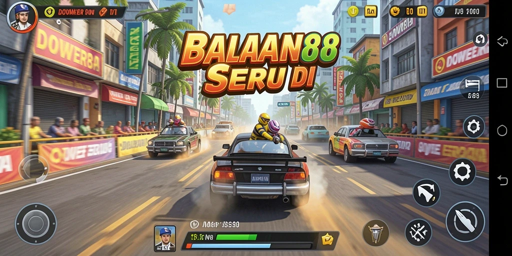 Tampilan gameplay balapan seru di DOWER88 dengan mobil cepat dan trek menarik.