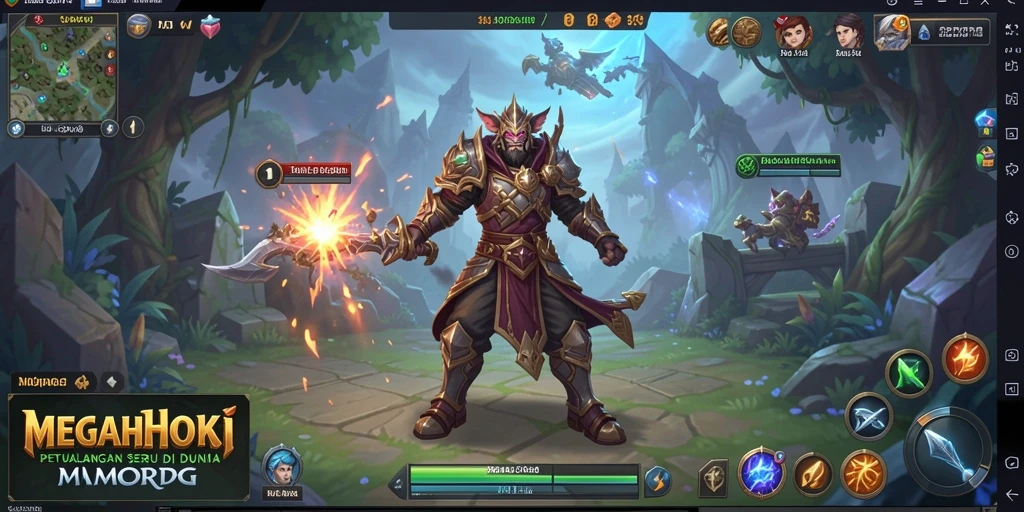 Screenshot gameplay MEGAHOKI menampilkan pertempuran epik di dunia fantasi.